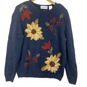 Vintage Alfred Dunner M Embroidered Beaded Sweater Blue Flowers Leaves Autumn‎